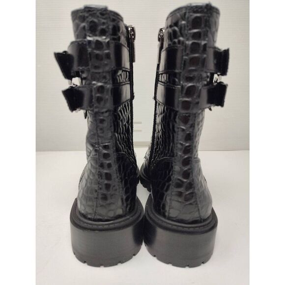 VINCE CAMUTO WOMENS FAWDRY DOUBLE BUCKLE C BLACK GLAZED CROC MOTO BOOTS NIB 5 1/ - Picture 7 of 13